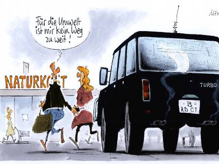 Cartoon von G. Mester: Ein Mann und eine Frau gehen aus ihrem SUV in einen Biosupermarkt, er sagt "Für die Umwelt ist mir kein Weg zu weit"