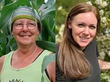 Vor Pflanzenhintergrund zwei Frauen