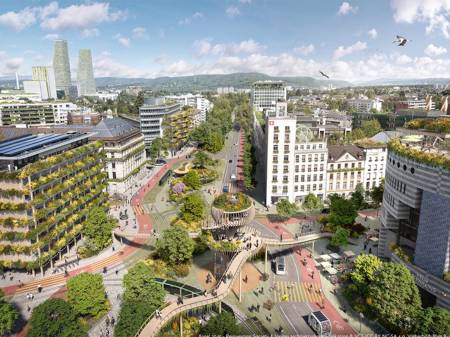 Computergenerierte Darstellung derselben Stadtszenerie mit begrünten Fassaden und Straßen