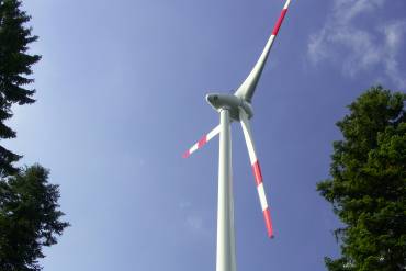 Einzelne Windkraftanlage vor blauem Himmel und einzelnen Bäumen