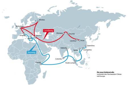 Karte: Chinas geplante Seidenstraße, Meer- und Landweg
