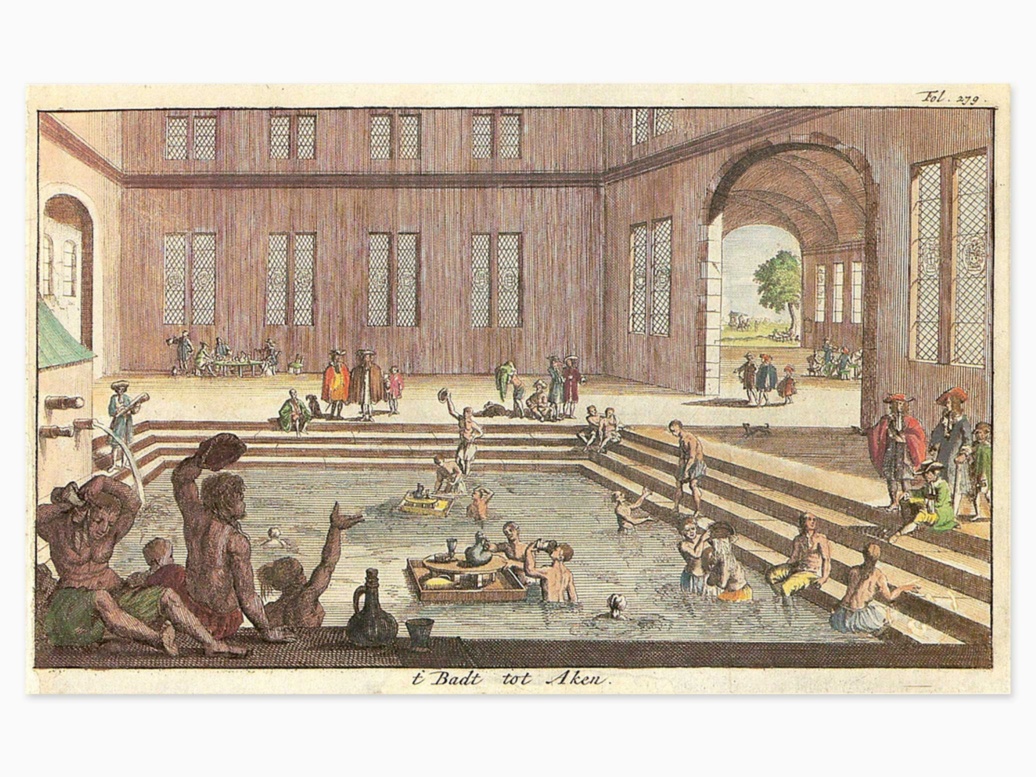 Ein Kupferstich zeigt das Innere des Kaiserbades; Badende übergießen sich mit Thermalwassser und trinken davon.