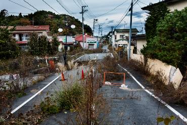  Man schaut in eine Straßenflucht, die Straße ist durchbrochen von Pflanzen und gesäumt von verfallenden schiefen Häusern.