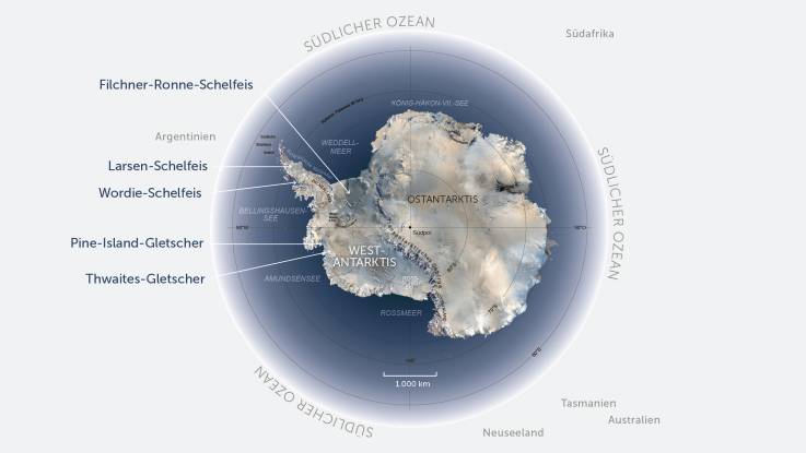 Eine topografische Abbildung der Antarktis: diverse Gletscher und Schelfeise sind mit Pfeilen beschriftet.
