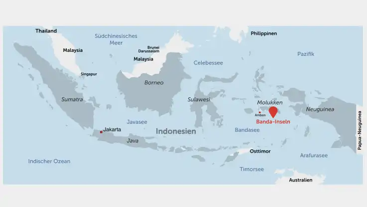 Ein Kartenausschnitt zeigt Indonesien, seine Nachbarstaaten sowie angrenzende Gewässer und Ozeane.