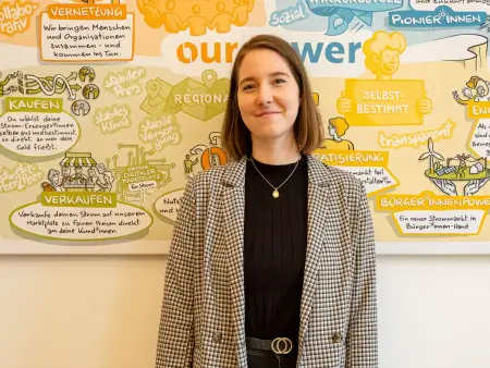 Eine junge Frau mit dunklen Haaren porträtiert vor einem Plakat der Initiative OurPower.