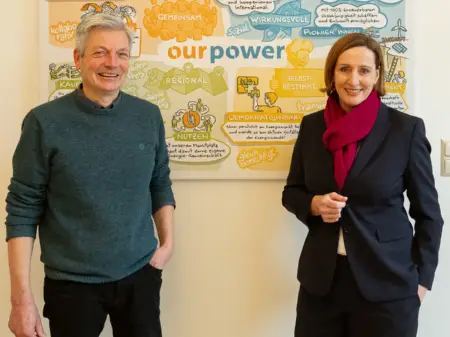 Auf einer Wiese stehen die beiden Gründer von OurPower vor einem Windrad.