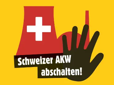 Das Logo der Kampagne: die rote Silhouette eines AKWs mit weißem Kreuz, angelehnt an die Fahne der Schweiz.