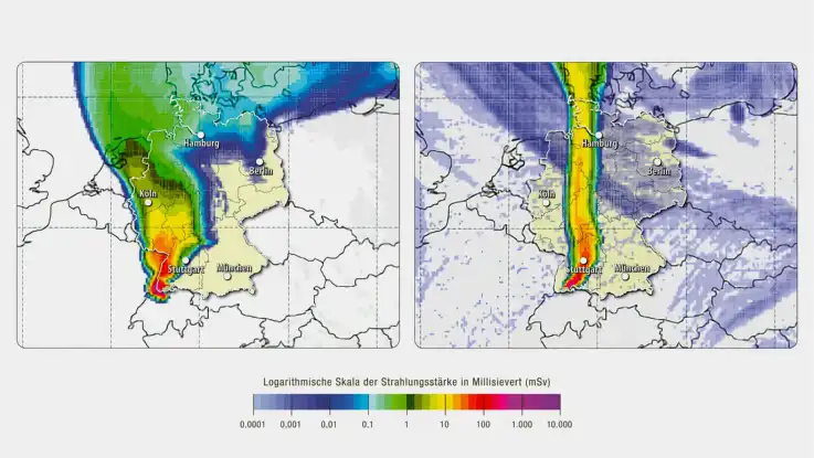 Zwei Wetterkarten zeigen unterschiedliche Strahlenszenarios: Die Strahlungsintensität wird durch einen Farbverlauf dargestellt.