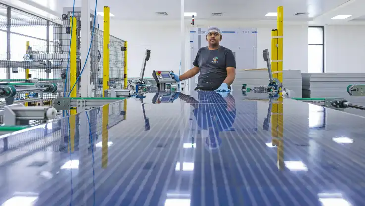 In einem hell beleuchteten Raum steht ein junger Mann mit Hygiene-Handschuhen und Haarnetz hinter einem Solarpanel. 