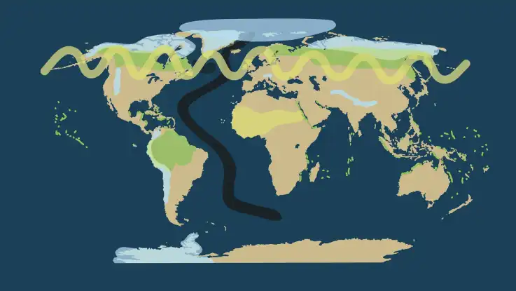 Auf einer Karte der Erde werden die jeweiligen Erdsysteme in unterschiedlichen Farben grafisch dargestellt. 