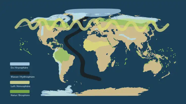 Auf einer Karte der Erde werden die jeweiligen Erdsysteme in unterschiedlichen Farben grafisch dargestellt. 