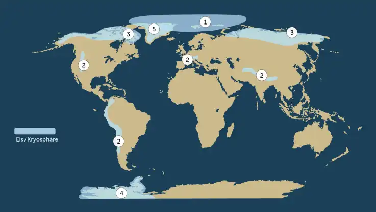 Nummern auf einer weiteren Karte markieren die Untersysteme der Kryosphäre.