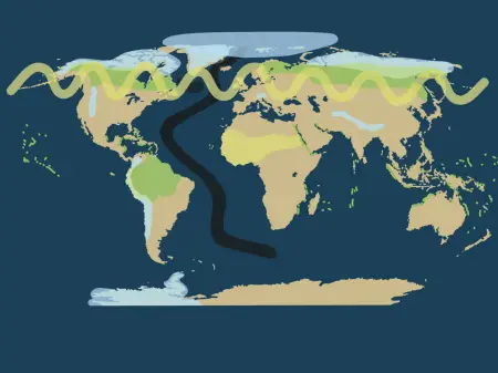 In einer Weltkarte sind unterschiedlich farbig Regionen eingezeichnet, die klimatische Erdsysteme zeigen.