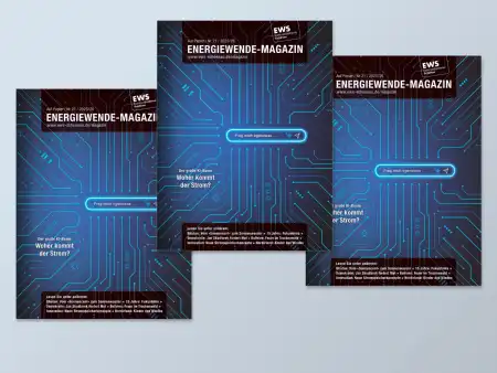 Auf einer weißen Fläche liegen 3 Printmagazine, in Reihen angeordnet.