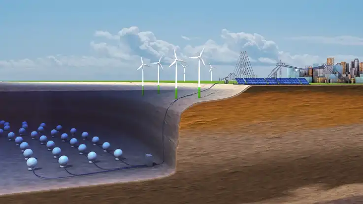 Eine querschnittartige Illustration verdeutlicht das Zusammenwirken von Kugelspeichern und küstennahen Windkraftanlagen.