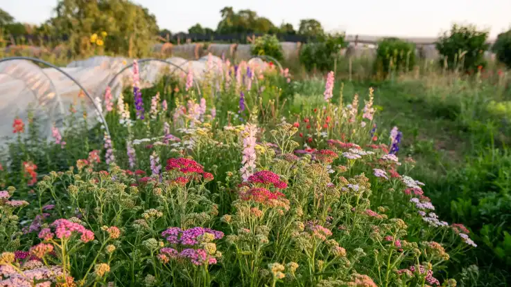 Eine bunte Mischung mit Schafgabe, Löwenmäulchen udn Rittersporn stehen einem Garten mit Grünpflanzen und niedrigen Pflanztunneln.
