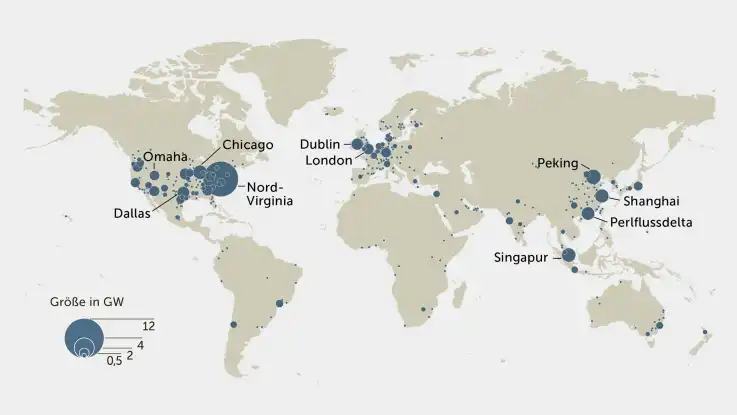 Eine Weltkarte zeigt, wo sich Rechenzentren befinden: unterschiedlich große Kreise markieren die jeweiligen Regionen und geben Aufschluss über die örtliche Rechenleistung. 