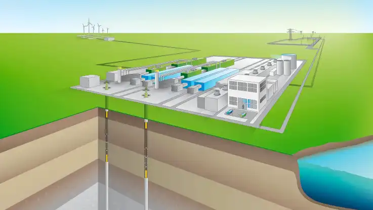 Eine Illustration zeigt skizzenhaft die Vernetzung eines Druckluftspeichers mit erneuerbaren Energien und dem Stromnetz.