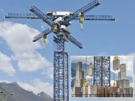 Ein gigantischer blauer Kran mit ungewöhnlich breitem Mast und drei Auslegern steht vor einem Bergpanorama.