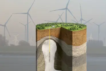 Eine Illustration zeigt den Untergrund als Querschnitt: eine Leitung reicht von der Oberfläche bis hin zu einen Hohlraum tief unter der Erde.