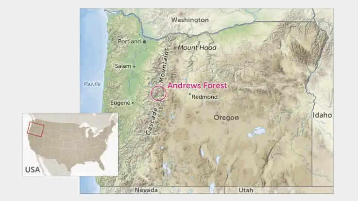 Eine Karte zeigt den US-Bundesstaat Oregon an der Westküste. Ein Kreis markiert den Andrews Forest in den Cascade Mountains. 