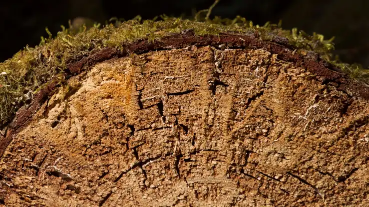 Eine weitere Nahaufnahme zeigt den Querschnitt eines verwitterten, von Moos bewachsenen Baumstammes.