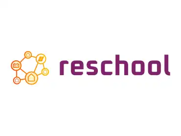 Das gelbe Logo von "reschool" mit lila Schriftzug in Kleinbuchstaben auf weißem Hintergrund. 