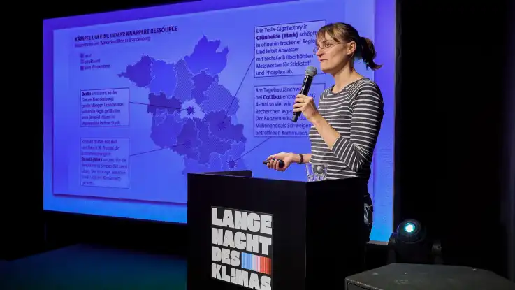Frau mit Mikrofon und Fernbedienung vor Leinwand mit Deutschlandkarte und Text bei Veranstaltung mit Podium «Lange Nacht des Klimas».